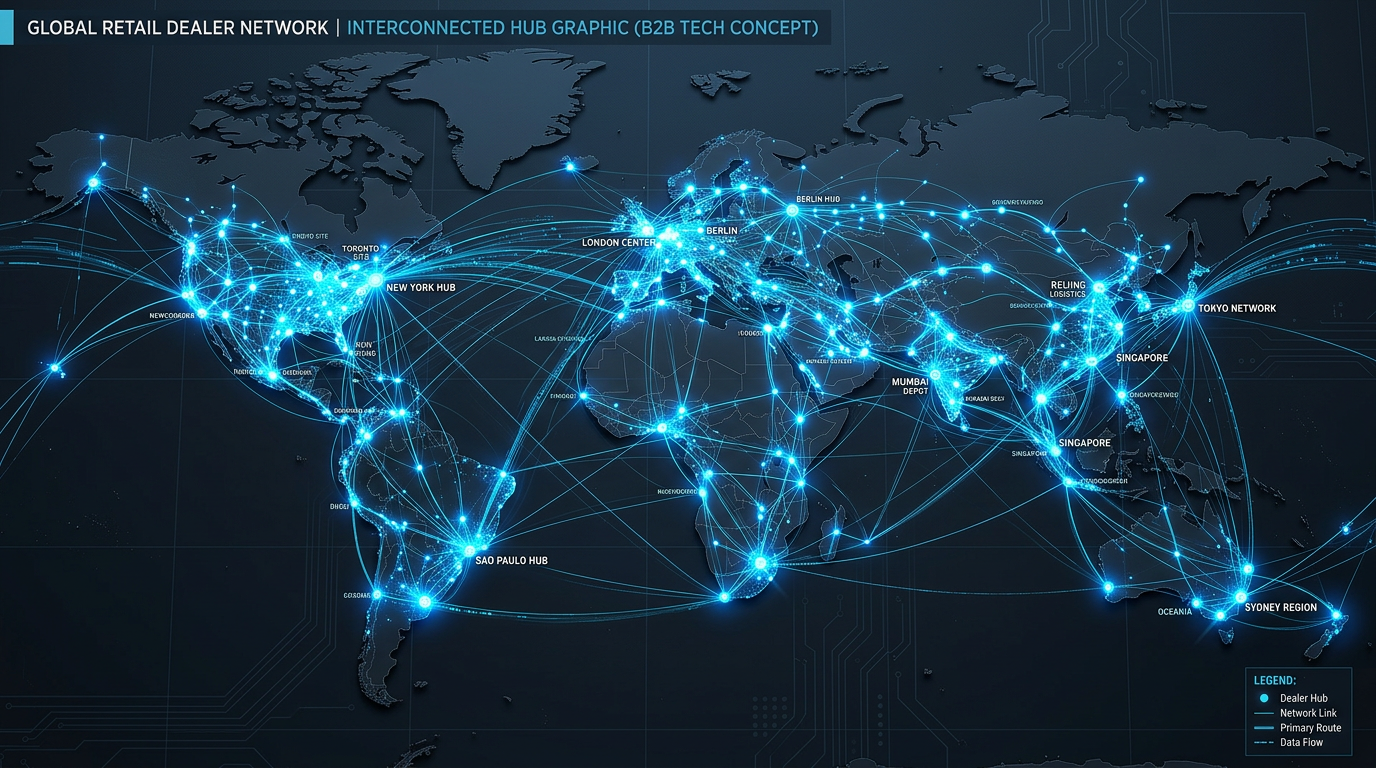 Geographical network map illustration representing distributed dealer locations