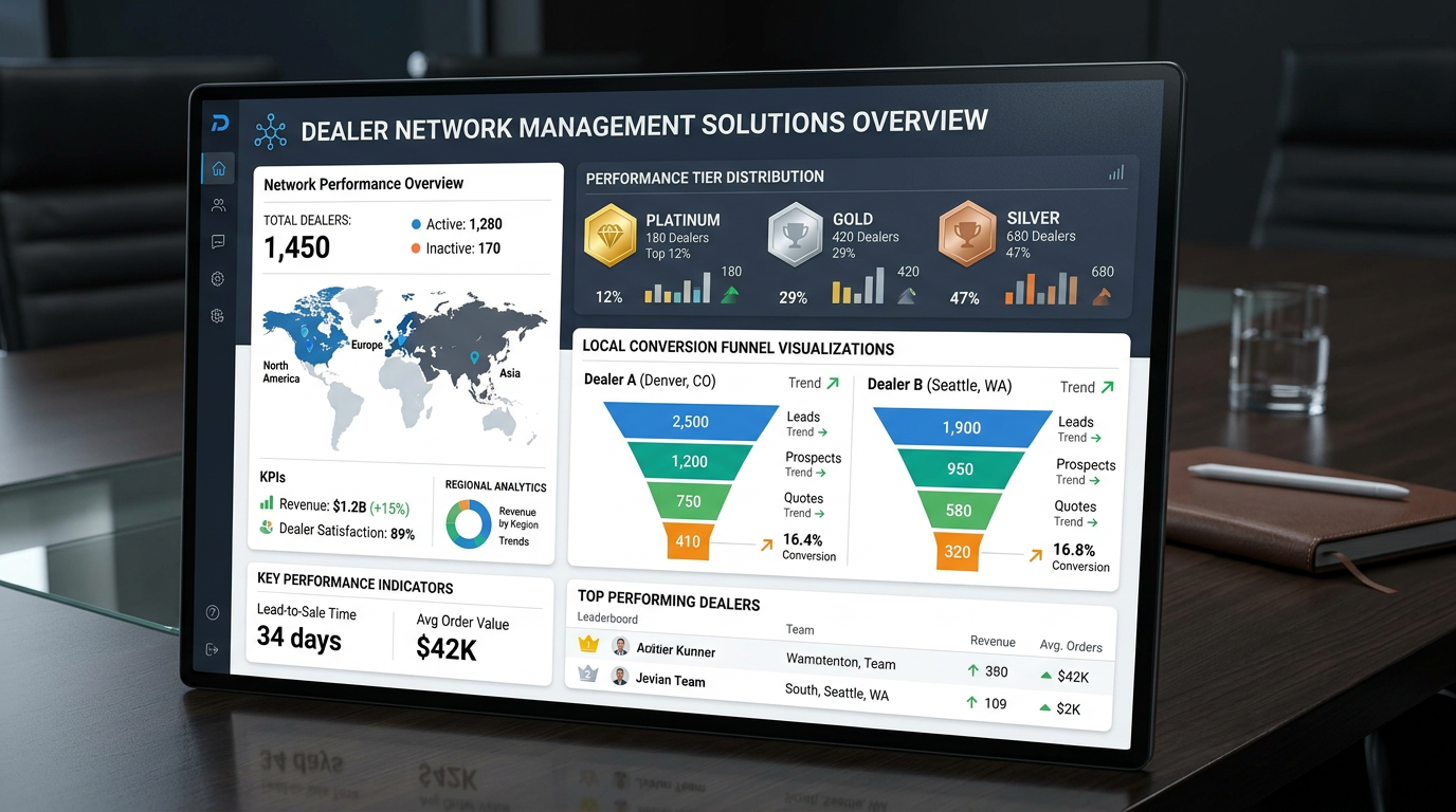 D2C dealer performance platform solutions dashboard showing connected scorecards and analytics